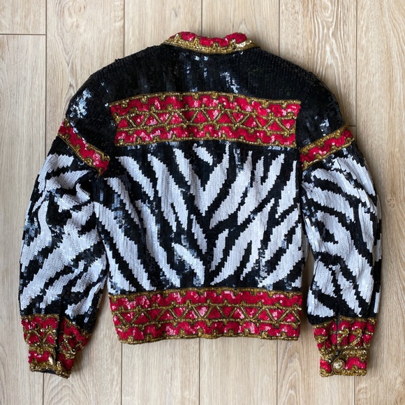 COPY - RARE ⭑* Caché ⭑* SILK sequin zebra crop bomber jacket 😱 - Picture 2 of 5
